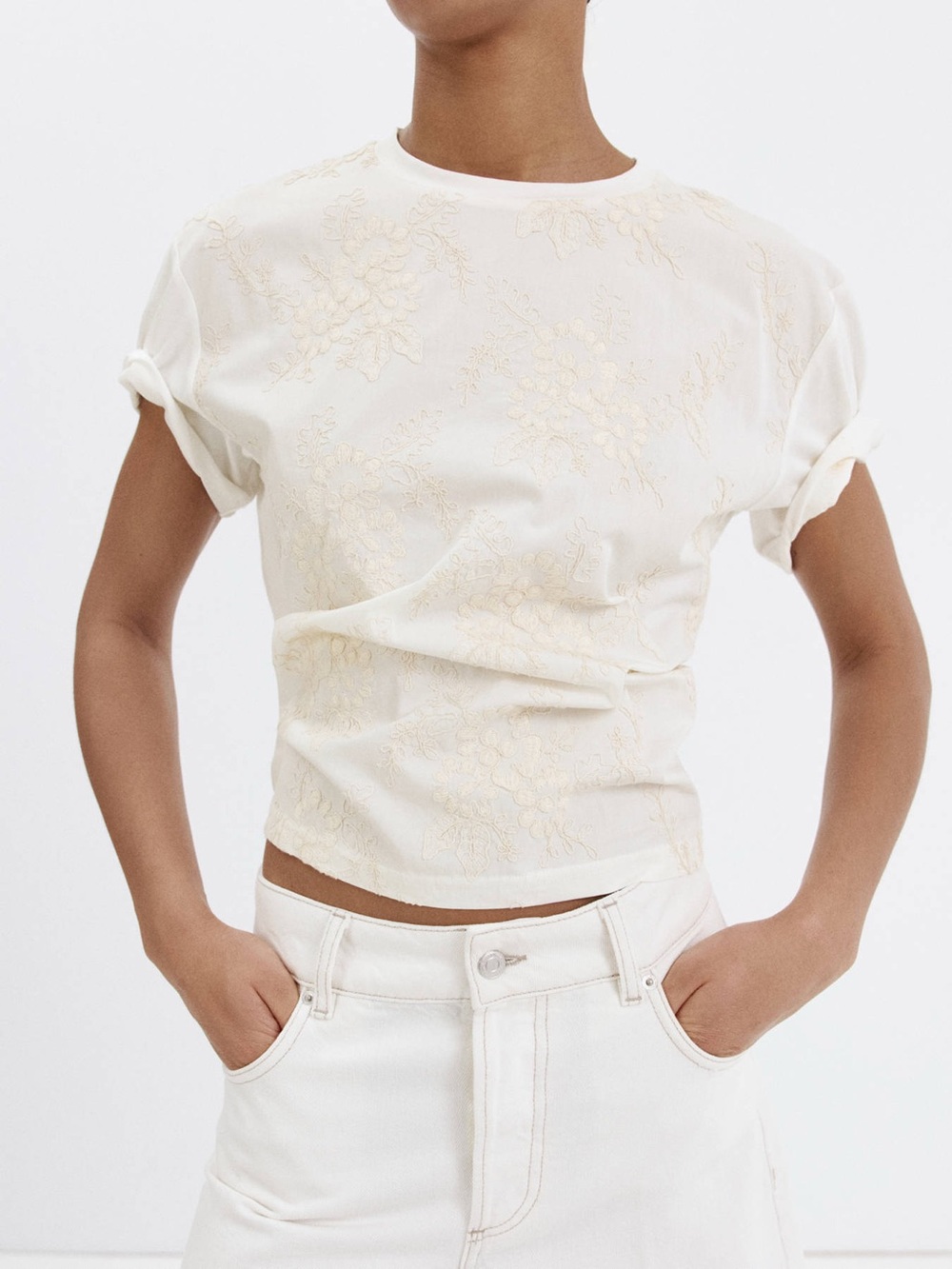 Mango FLORAL-EMBROIDERED COTTON T-SHIRT NWT